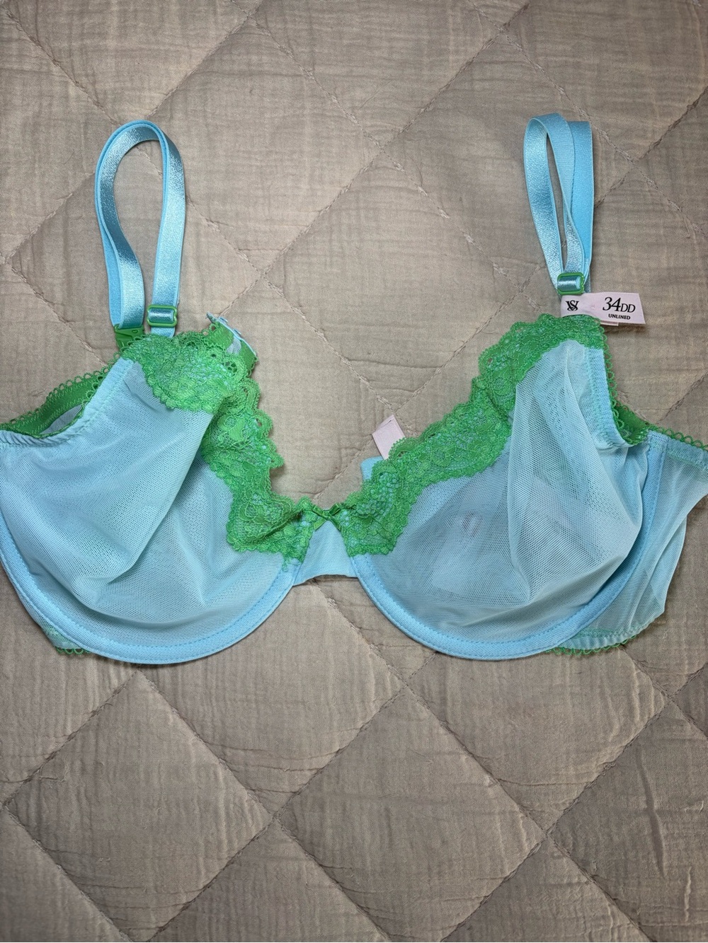Victoria's Secret Unlined Light Blue & Green Lace Underwire Bra - 34DD